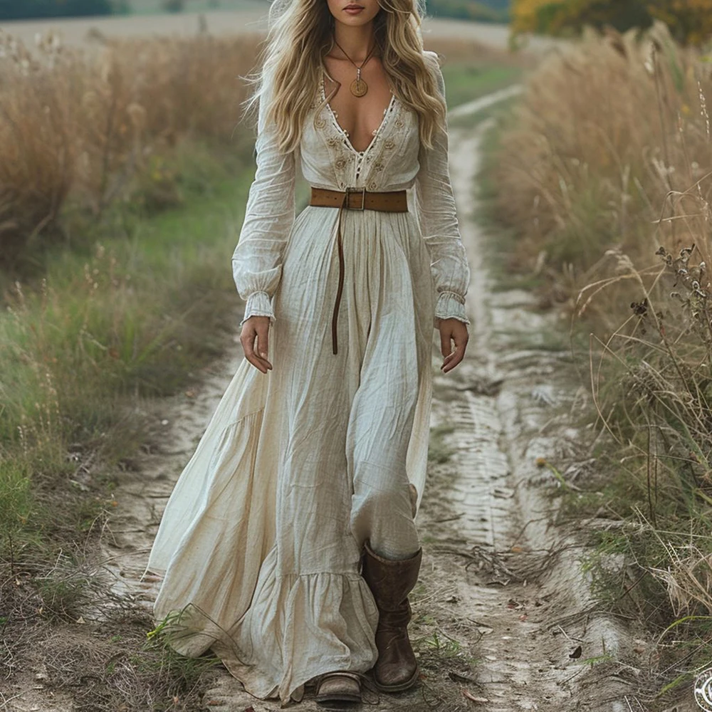 CountrysideStyle Puff Sleeve Long Dresses Vestidos Bohemian Vintage Linen Women Dress Sexy Deep V-Neck Elastic Waist Maxi Dress