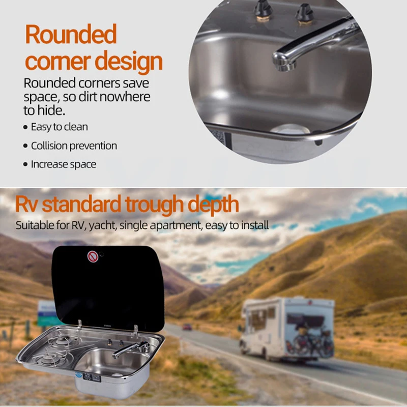 RV Gas Stove Kitchen and Bath Yacht Single Apartment Mobile Home Stainless Steel Van RV Sink Double Head Stove Integrated Stove