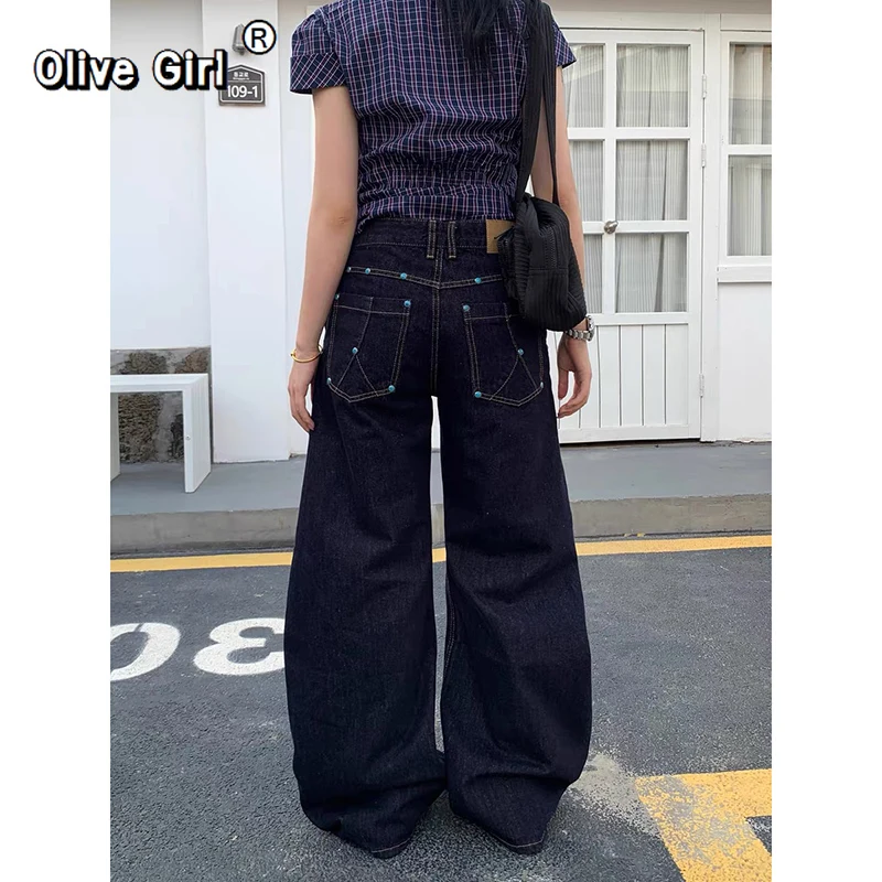 

Джинсы Olivegirl Blue Jeans женские в стиле Y2K, американский винтаж 2000-х годов, с высокой талией, прямые, уличный стиль, повседневные, свободные, широкие джинсовые брюки