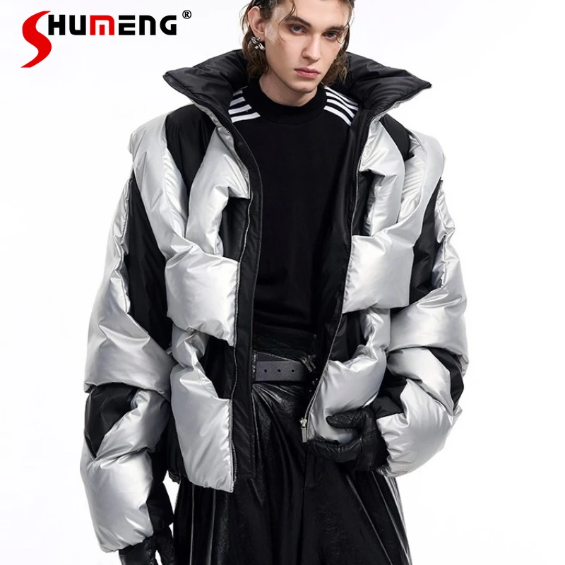 

Fashion Long Sleeve Color Matching Cotton Jackets Men 2025 Winter New Trendy Thickened Down Cotton Coats Handsome Stylish Parkas