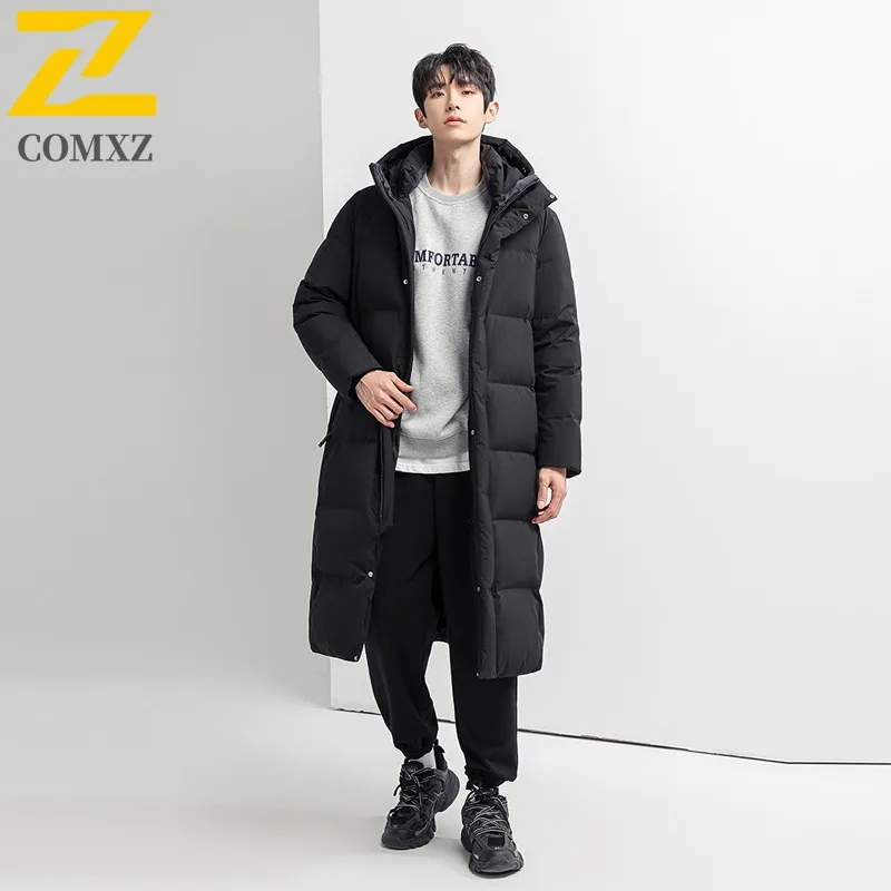 COMXZ Men's Down Jacket 2025 Long Trendy Windproof Casual Skiing Puffer Jacket Street Versatile Solid Color Hooded Winter Jacket