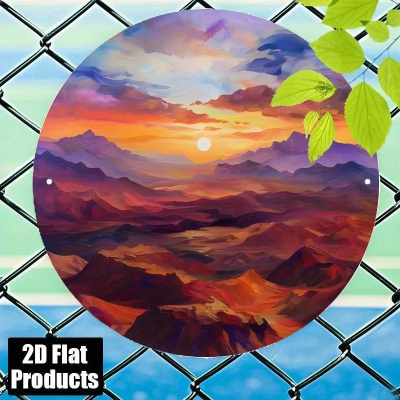 1 Piece of Vintage Round Metal Wall Art - Sunset Mountain Scene Painting with Vibrant Orange, Purple, Blue, and Yellow Tones, 20X20Cm/7