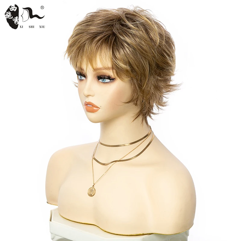 Short Ombre Blonde Pixie Cut Hair Synthetic Wig With Bang For Women High Temperature Fiber Natural Wave Curl Hair Daily Use Wigs