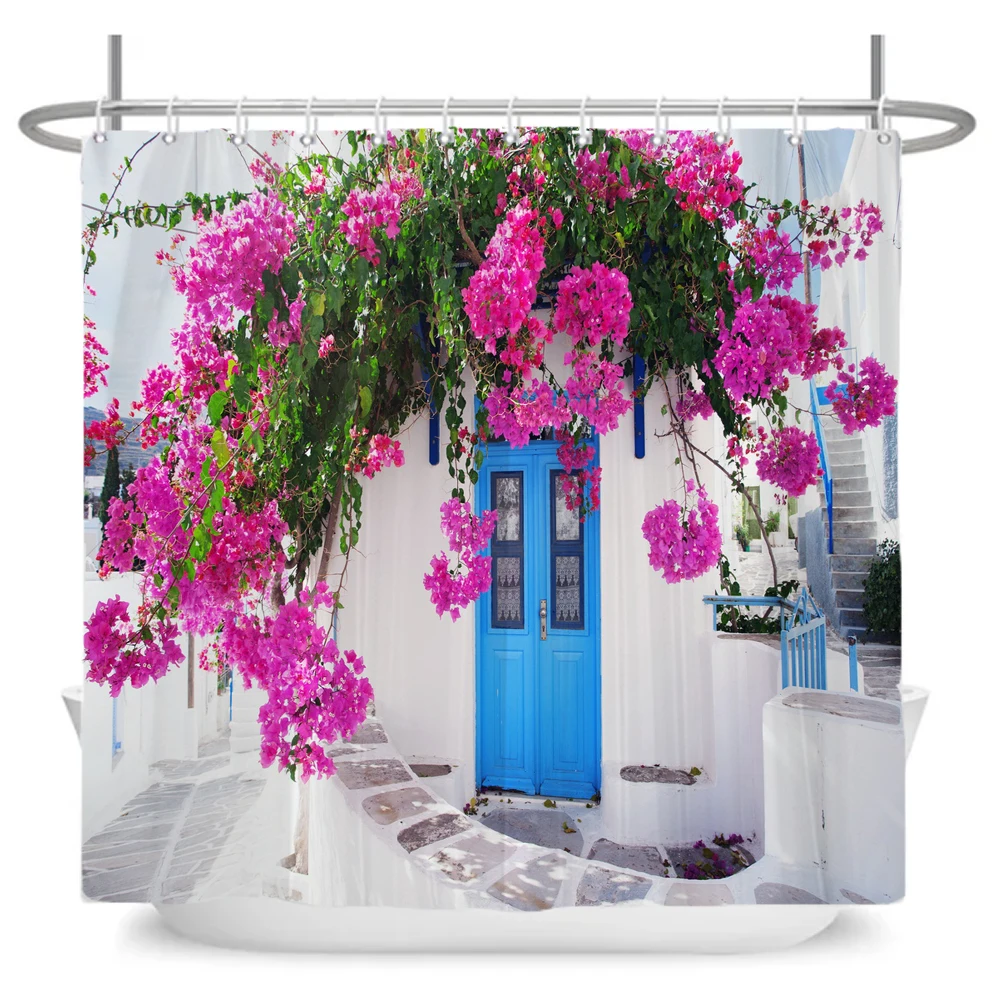 Village Garden Flowers Shower Curtain Town Scenery Floral Waterproof Fabric Bathroom Curtain Room Decoration Curtain With Hooks