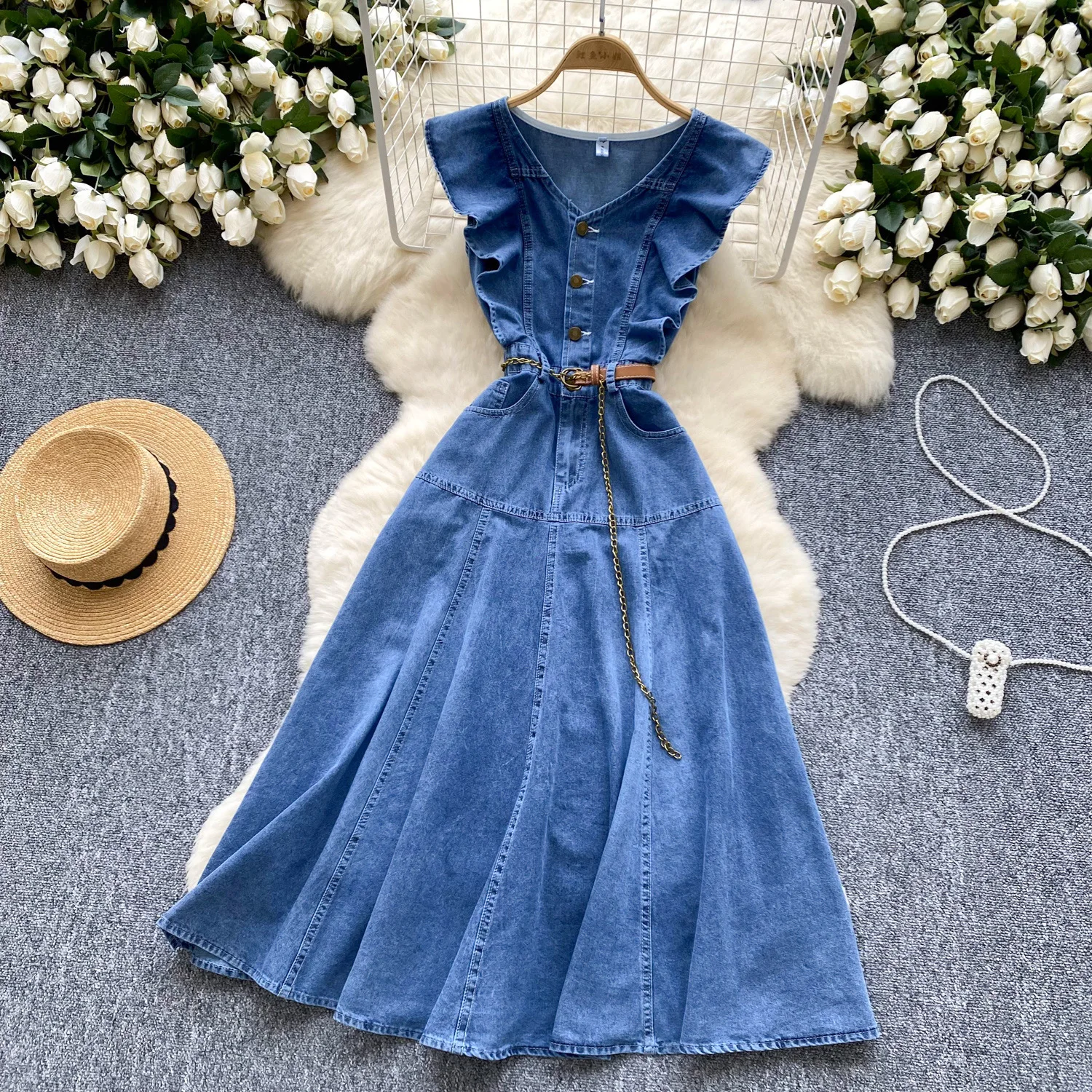 

Dress Women Denim Long Dresses A Line Vestidos V Neck Sleeveless Elegant Splice Y2k Streetwear Ruffles High Waist Slim Fit Work