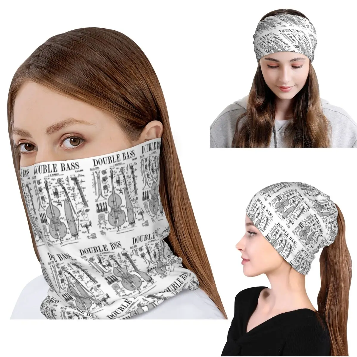Double Bass Player Bassist Musical Instrument Vintage Patent Bandana Neck Cover Wrap Scarf Balaclava Beanies Hat Unisex Adult