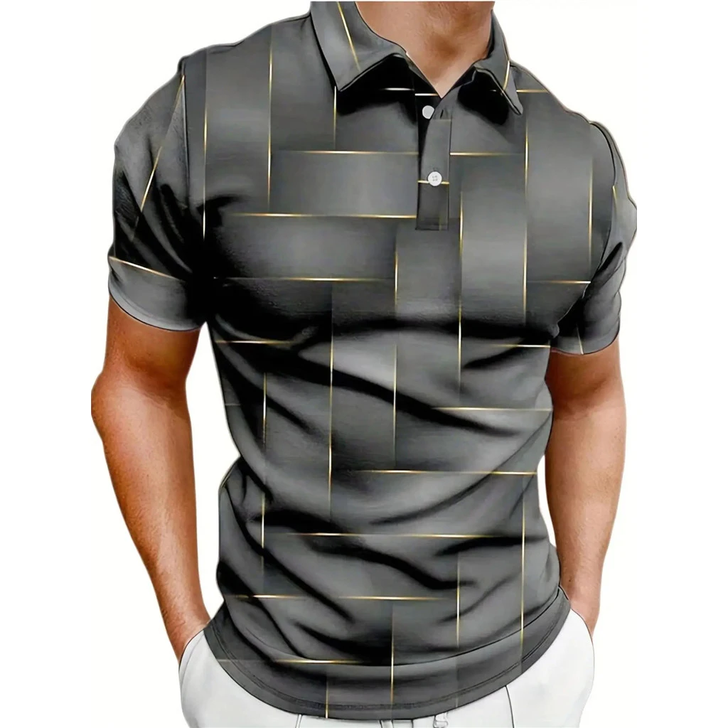 Color Block 3D Print Polo Shirts Men\'s Casual Fashion Streetwear Oversized Button Short Sleeve Shirt Male Tees Tops Man Clothing