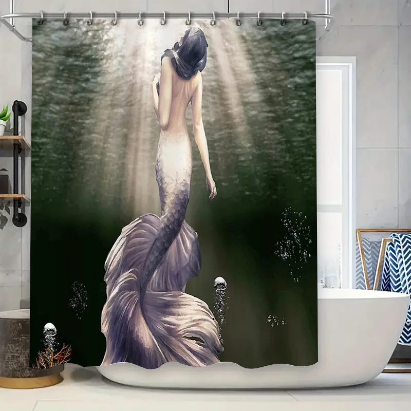 Mermaid Shower Curtain Ocean Wave Backdrop Bathroom Decor Sea Themed Waterproof Fabric Panel Artistic Neptune Neptune