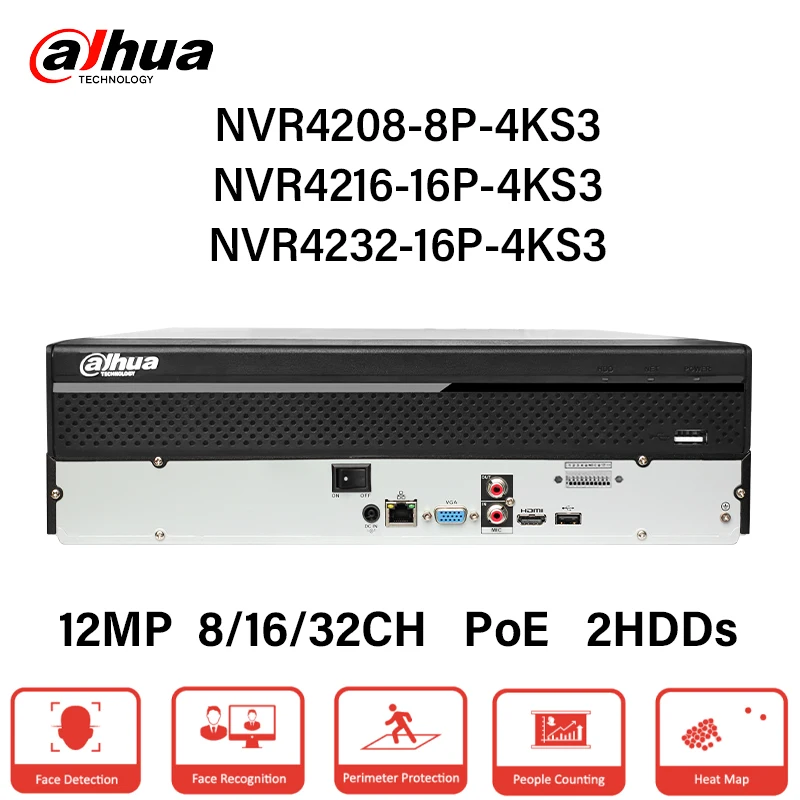 Dahua 8 16 PoE NVR 8/16/32 Channels Network Video Recorder EPTZ 4K Camera Monitor System Onvif NVR4208-8P-4KS3 NVR4216-16P-4KS3