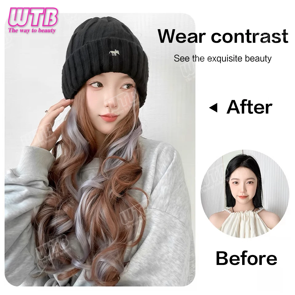 Synthetic 18 inch knitted hat with long curly hair hat wig, wavy wig, winter wig, Black/White knitted hat Christmas outfit