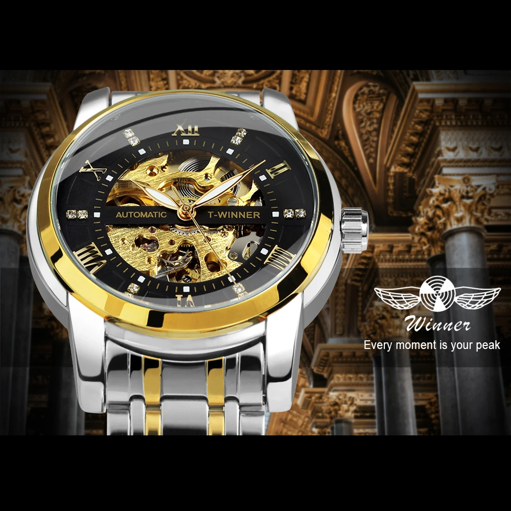 ПОБЕДИТЕЛЬ Бизнес Механические часы со скелетом для мужчин Черный ремешок из нержавеющей стали Модные мужские часы Лучший бренд Роскошные наручные часы