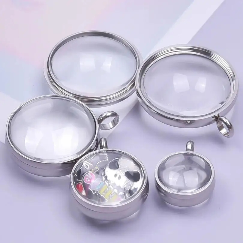 17mm 23mm 28mm 30mm Stainless Steel Floating Locket Pendant Double Curved Glass Memory Locket For Necklace Making Medallion
