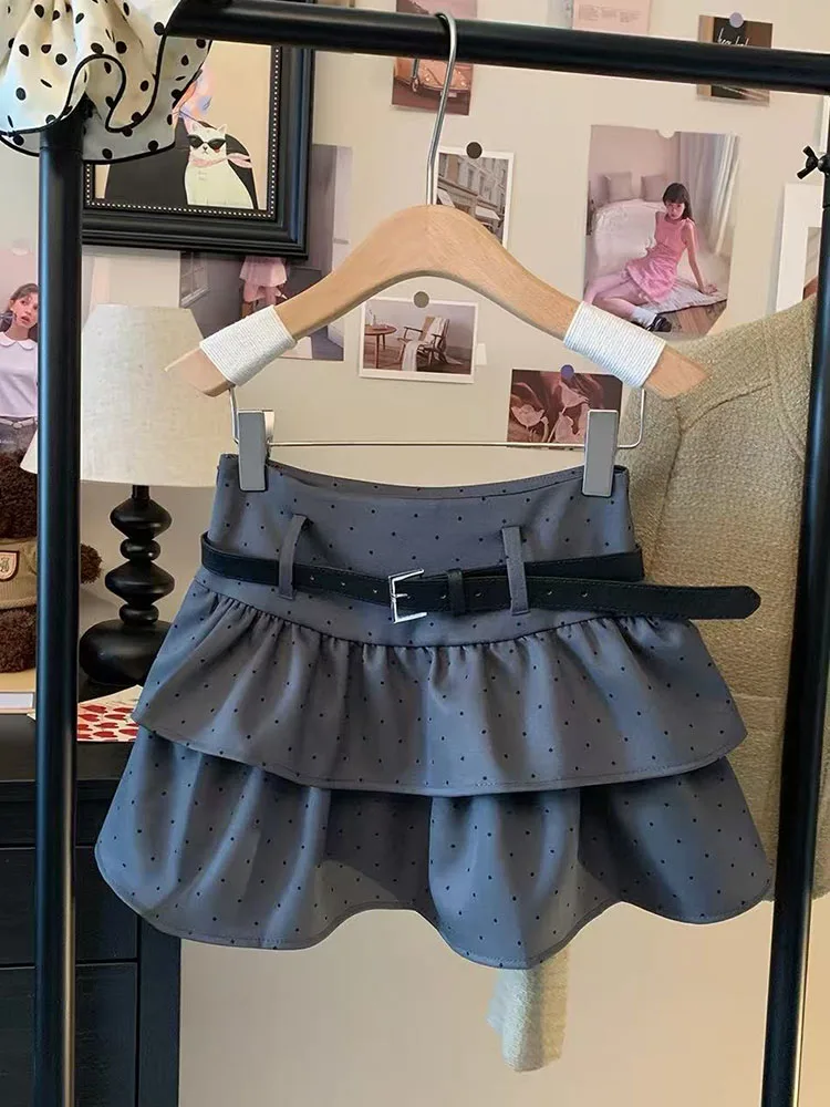 Sweet Polka Dots Mini Skirts Women Korean High Waist with Belt Puff Cake Skirt Y2K Loose Streetwear All Match A Line Skirt Mujer