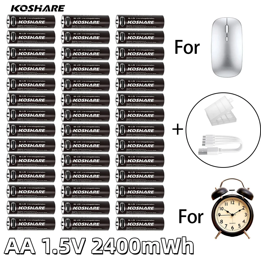 KOSHARE AA 1.5V Li-ion Rechargeable Batteries 2400mWh USB Type-C Lithium AA Battery For MP3 Player Thermometer Keyboard + Cable