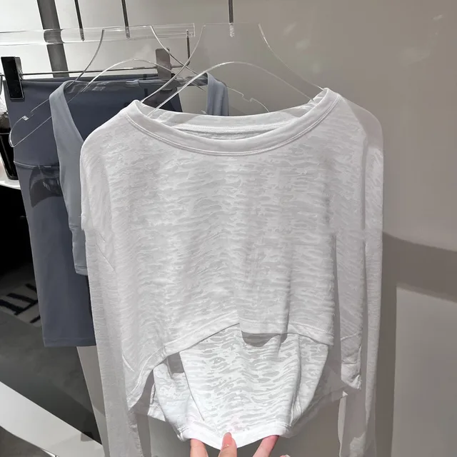 Damska lekka, luźna koszulka sportowa z długim rękawem Top z żakardowych tkanin Codzienny spacer Sport i wypoczynek Joga Pullover Shirt
