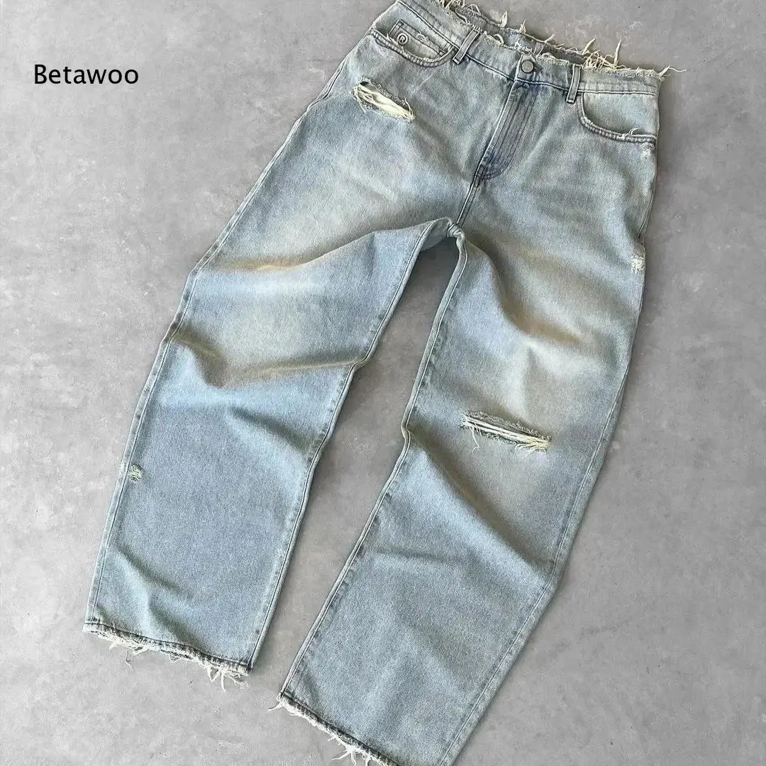 Men Loose Wide Leg Denim Jeans Light Wash Tone Frayed Ripped Raw Edge Decor Casual Trousers For Daily Street Matching Looks