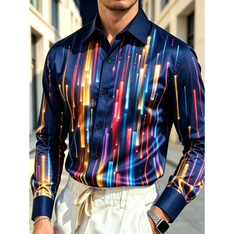 New retro warm brown autumn leaf contrasting printed shirt, light luxury patchwork slim fit men's long sleeved shirt