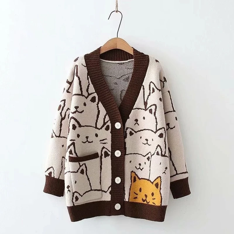 Cartoon Cat Knitted Cardigans Sweater 2024 Spring Autumn Womens Harajuku Sweater Coat O-Neck Long Sleeve Ladies Cardigan Jacket