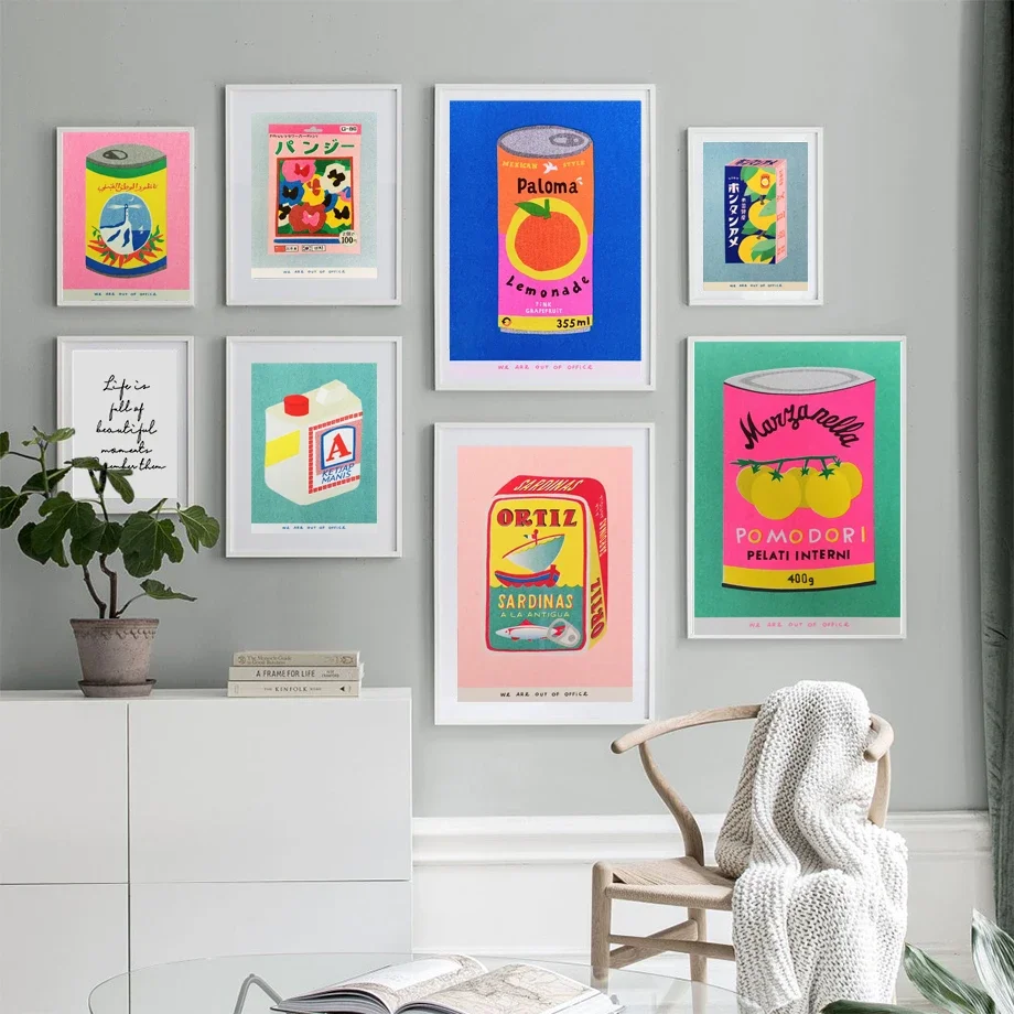Japanese Pink Cherry Blossom Ink Canned Sardines Tomato Wall Art Painting Nordic Poster Printing Picture Living Room Decor