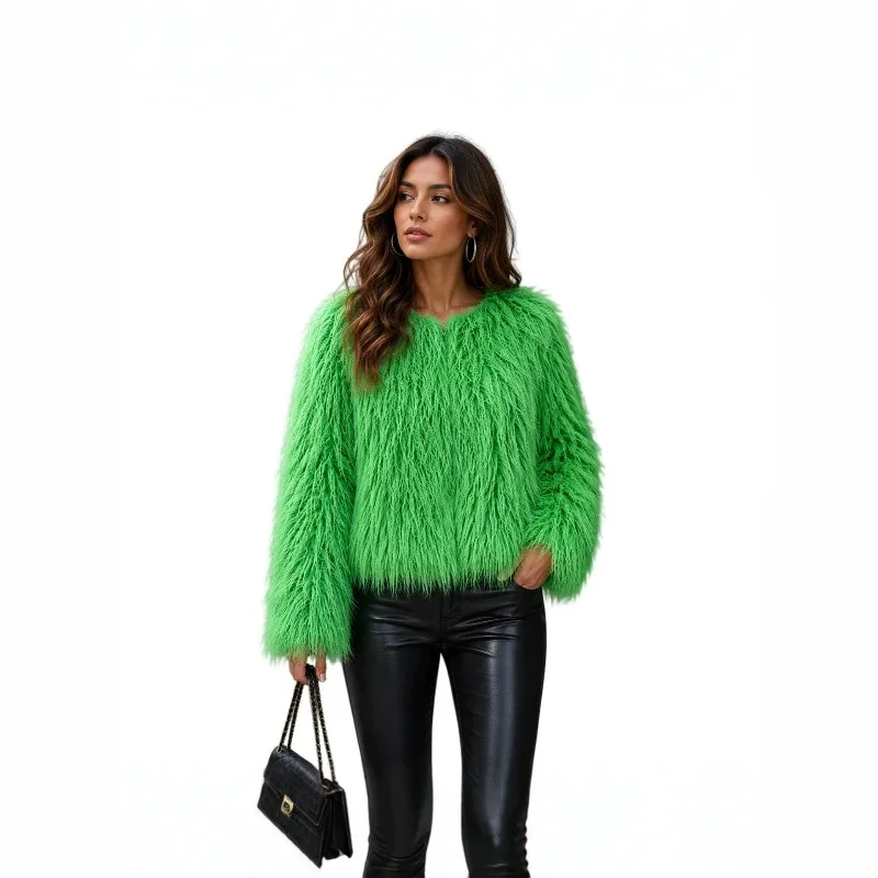 New Autumn Winter Collection Women Clothing Features Long-haired Fringed Faux Fur Round-neck Loose Short Jacket Multiple Colors