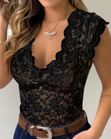 Body de mujer 2024, moda de verano, encaje de ganchillo, Sexy, cuello en V, manga casquillo, mono semitransparente diario ajustado