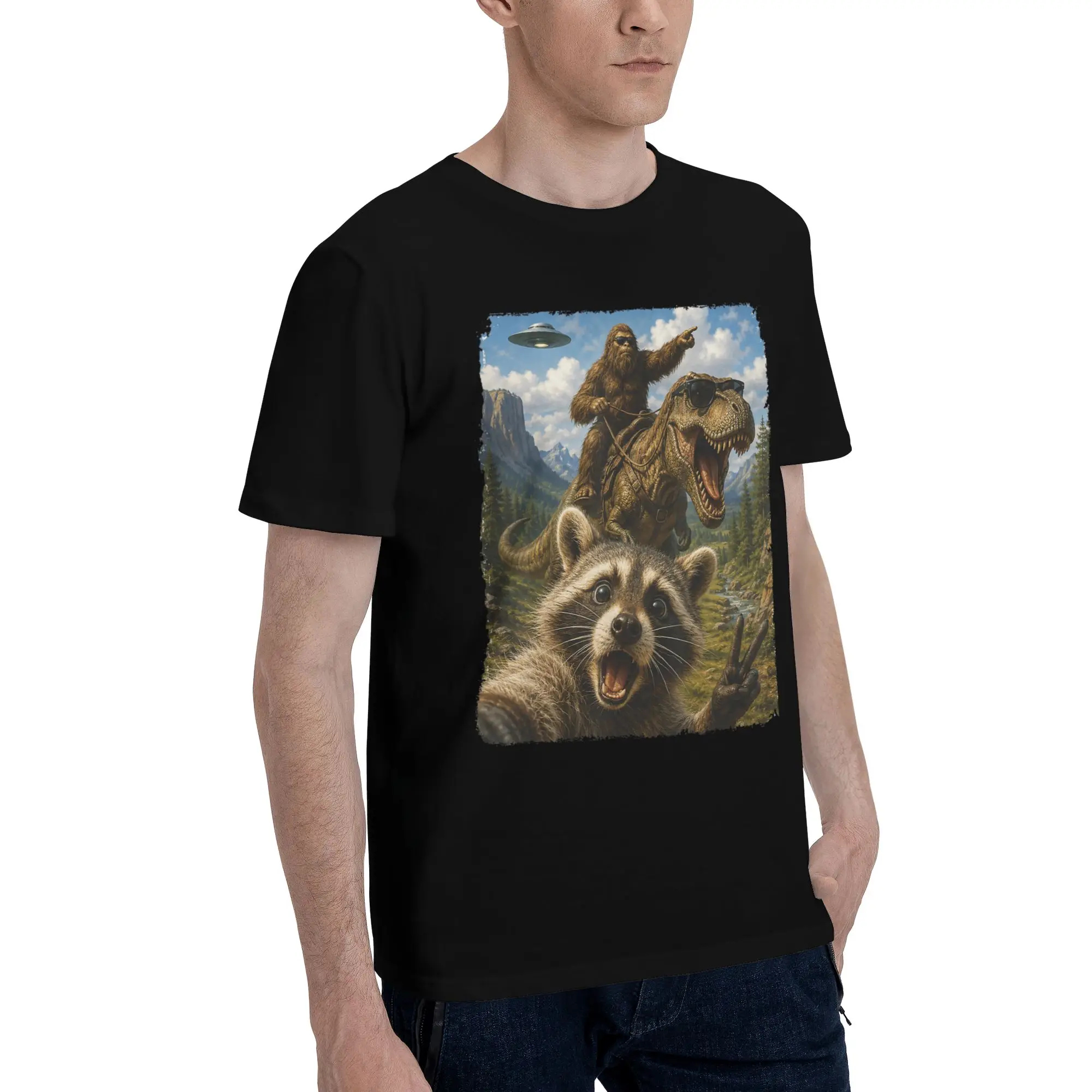 All Seasons Funny Bigfoot Ride Dinosaur Raccoon T Shirt For Unisex  Cotton T-shirts Short Sleeve Clothes