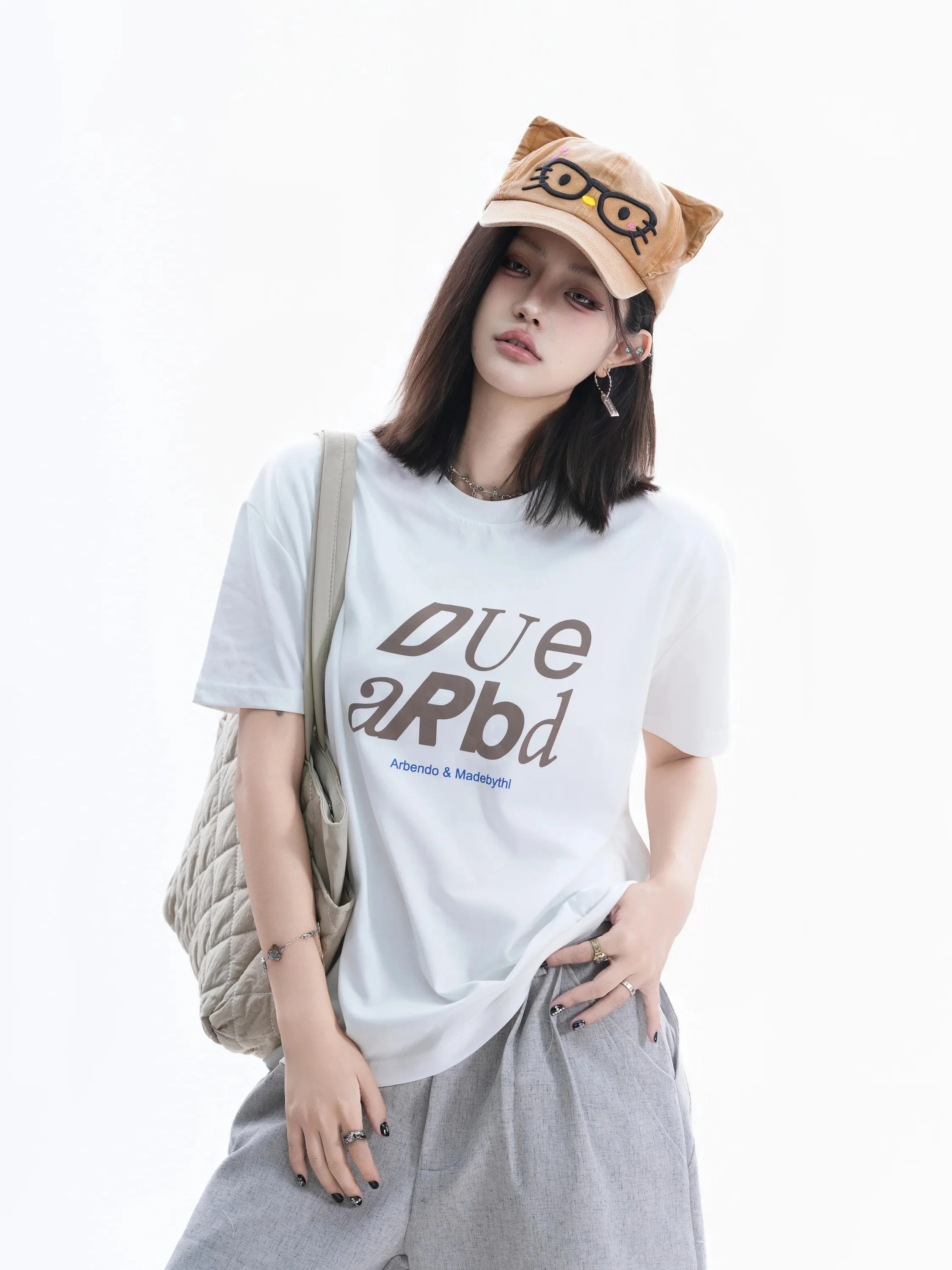 

Retro American Printed T-Shirt Women's Loose Shoulder Drop Shoulder Sporty Style Couple Match Cotton Casual round Neck Short ...