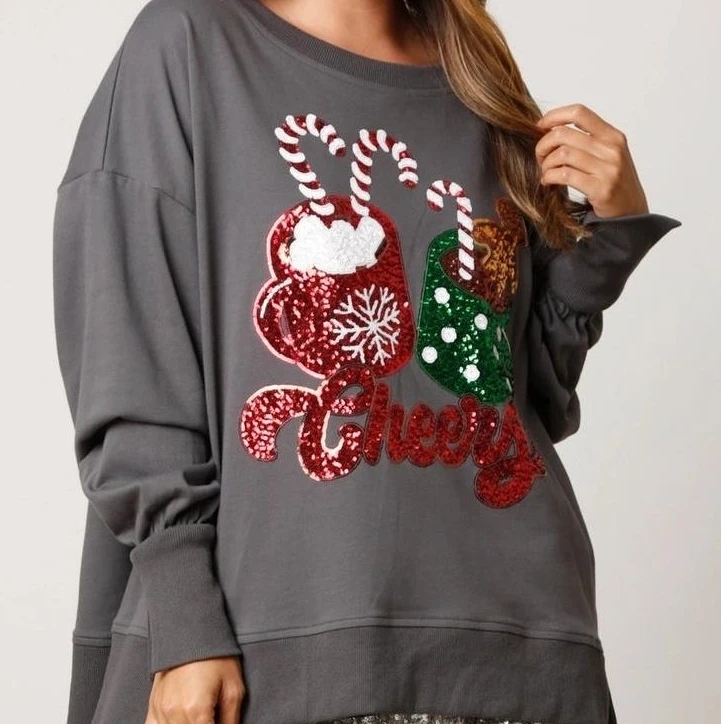 ผู้หญิงคริสต์มาสSweatshirt 2025 ฤดูใบไม้ร่วงฤดูหนาวล่าสุด 3D Effect Christmas Candyถ้วยSequined Hoodieรอบคอยาวแขนยาว