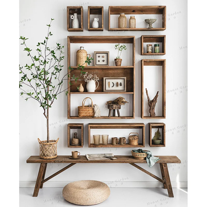 Rustic Solid Wood 5 Size Wall Hanging Floating Shelves Sets Decorative Old Pine Wood Shelf for Bedroom Living Room & Office