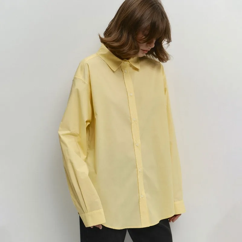 Talenza Women's Casual Shirt Summer Yellow Loose Office Lady Shirt Lapel Single Button Long Sleeve Ladies Shirt Female Outfits