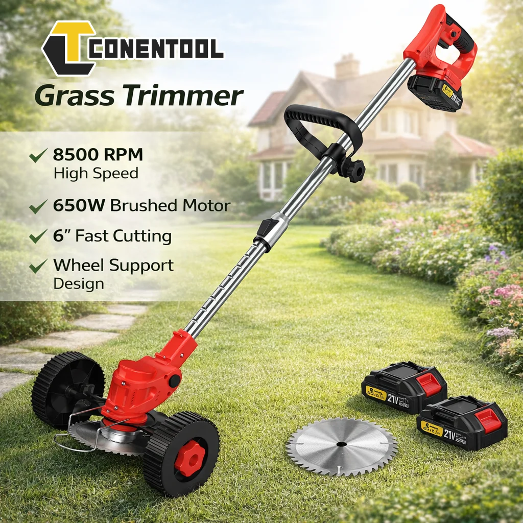 Tondeuse à gazon électrique CONENTOOL 21V sans fil, coupe-herbe 650W 6 pouces avec 5 types de lames, tige télescopique, roue de support pour jardin