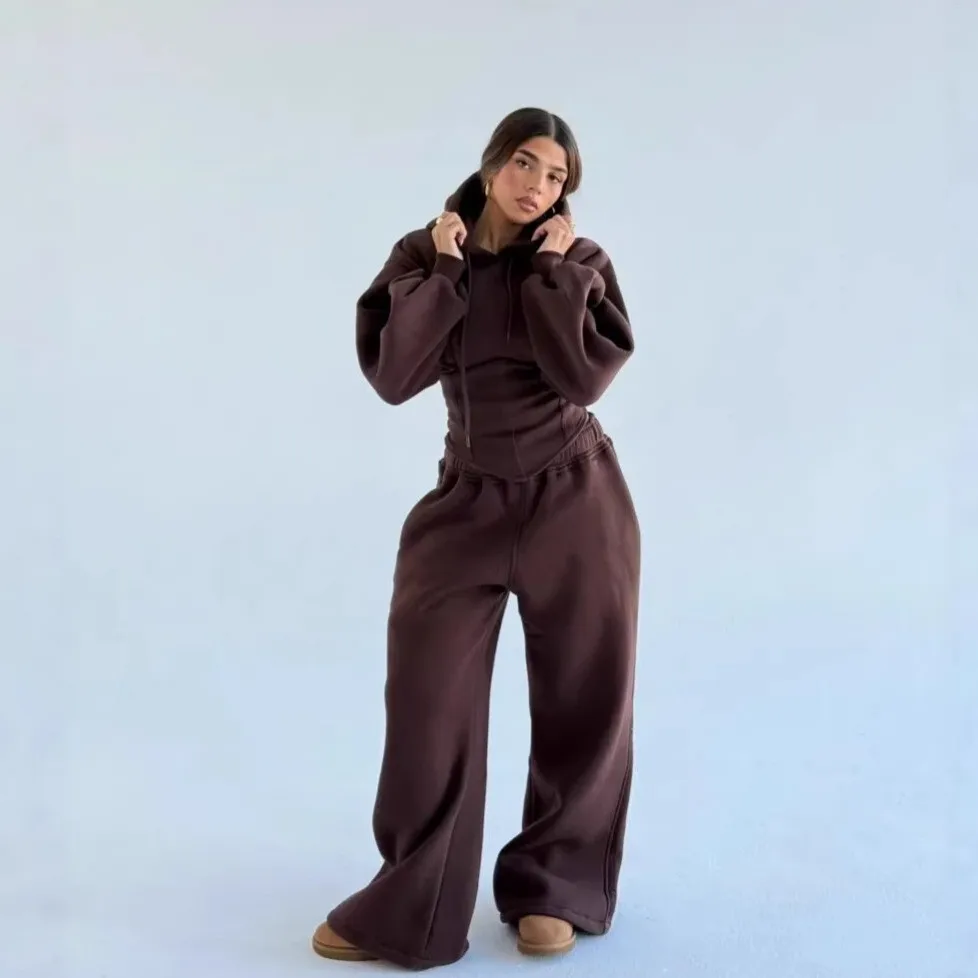 2 Pieces Set For Woman Hoodie Crop Top Long Sleeve Hooded Sweatshirt Wide Leg Pants High Waist Sweatshirt Brown Pullover