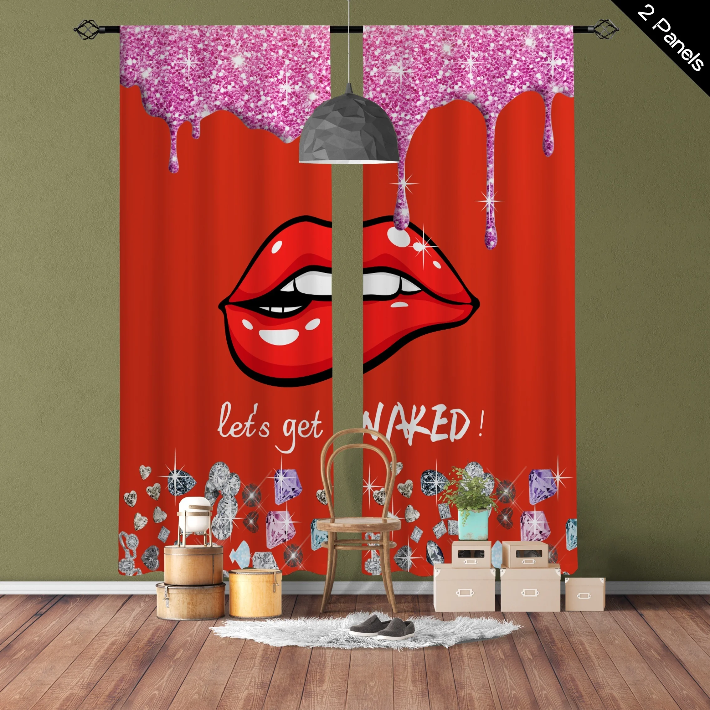 2pcs Sexy Red Lips Printed Translucent CurtainsRod Pocket Decor Curtains For Living Room Playroom Bedroom Decor Windows Blinds