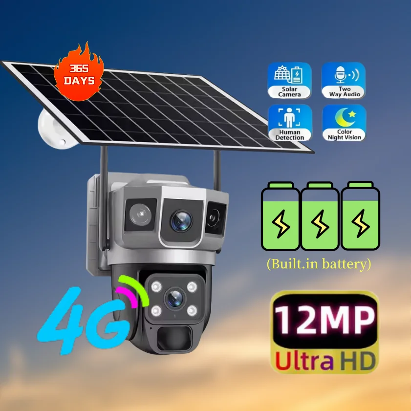 4G Solar Camera  Wireless CCTV HD 12MP 6K Dual Lens Triple PTZ Auto Tracking Security Home Monitor V380 Pro Outdoor Camera