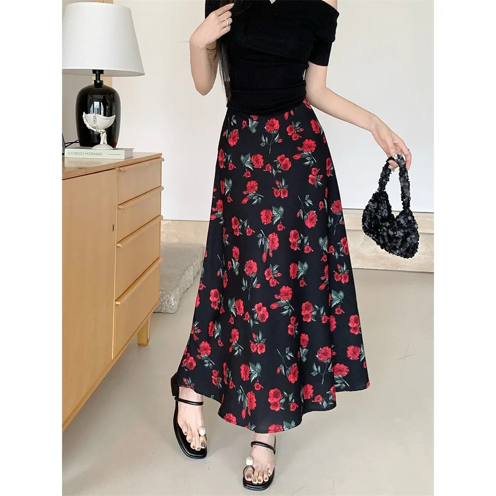 

Повседневные винтажные юбки с высокой талией и шикарным принтом на молнии, рюшами, корейская модная офисная женская базовая летняя одежда больших размеров