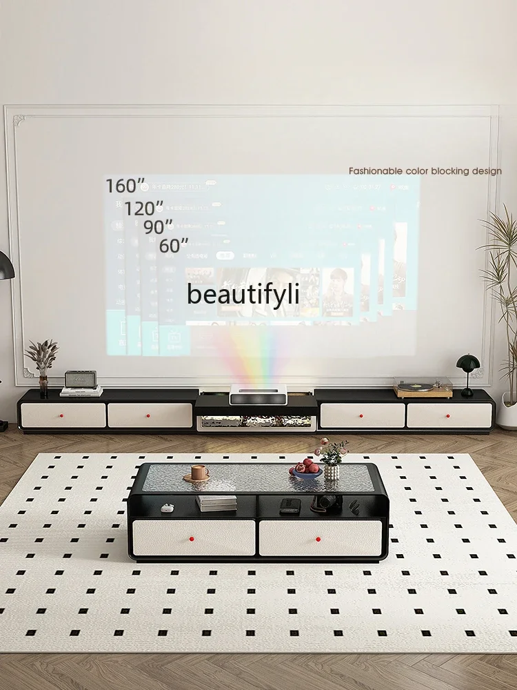 08 جديد الفرنسية كريم نمط الليزر تلفزيون خزانة غرفة المعيشة المنزل طويل الطابق أبيض وأسود خياطة حامل تلفاز الأثاث غرفة المعيشة