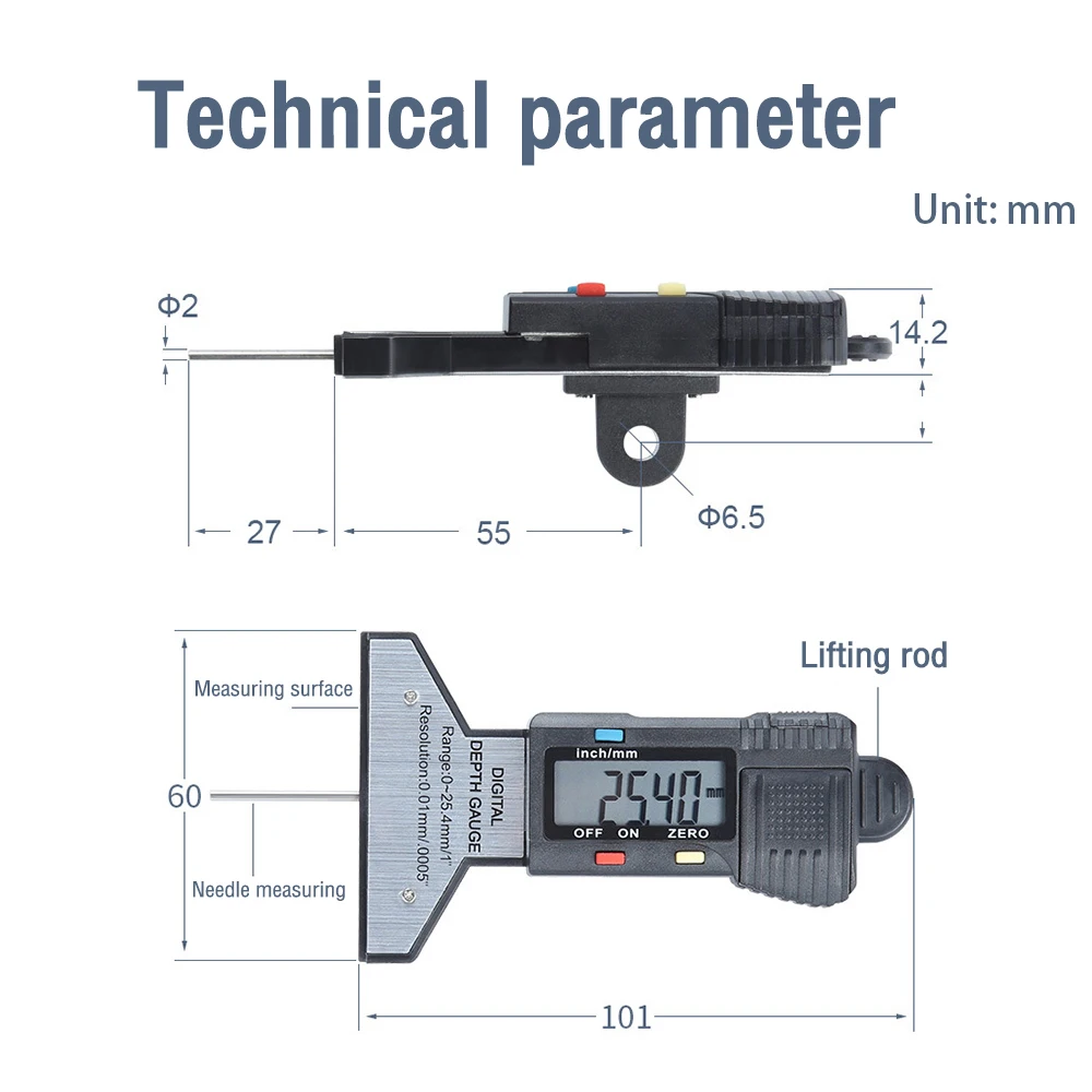 0-25mm Electronic Digital Depth Gauge Snap Depth Inch Metric Fractions Tire Tread Gage Depth Digital Electronic Indicator