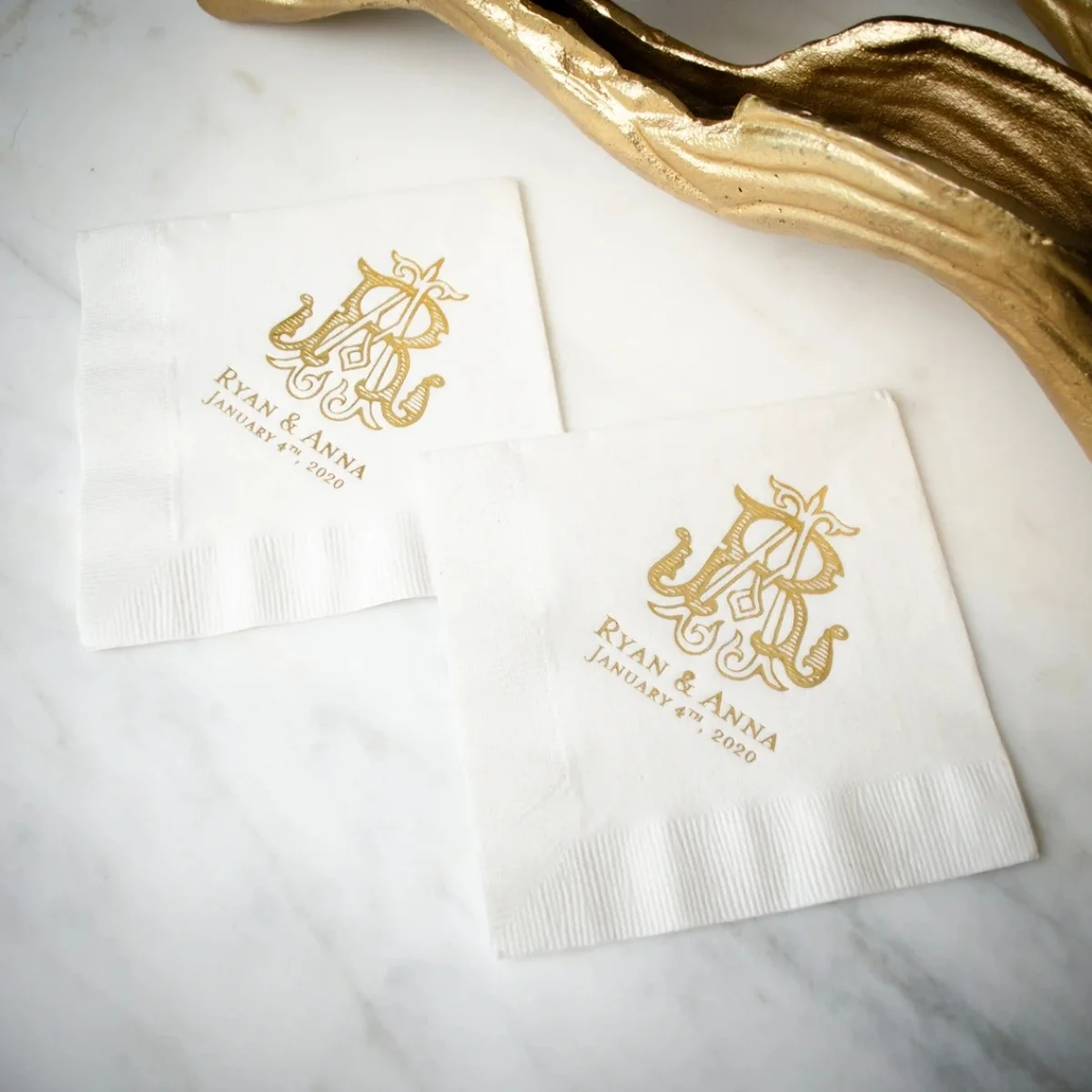 

50 Interlocking Monogram Wedding Cocktail Napkins, Duogram Engagement Party Napkins, Rehearsal Dinner Beverage Napkins, Gold F