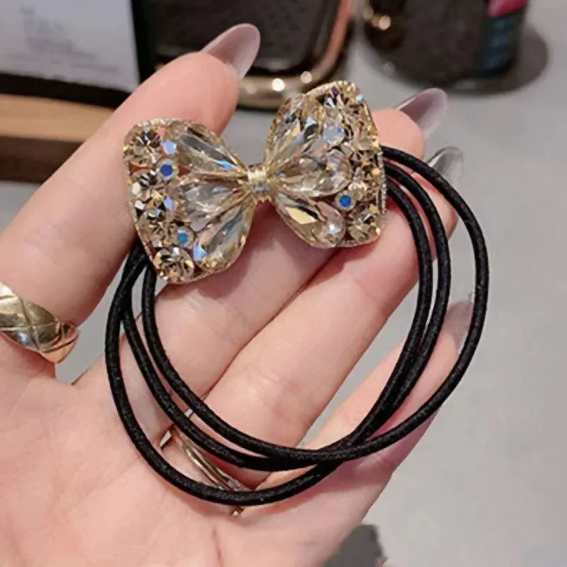 High-grade Korean Crystal Metal Bows High Elastic Hair Bands New  Rope Tie Flash Diamond rubber  Accessories for Women