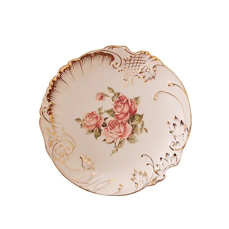 European-Style Ceramic Tableware Gold-Plated Rose Ceramic Gold Plate Dishes Dim Sum Plate Fruit Plate Dish Dim Sum