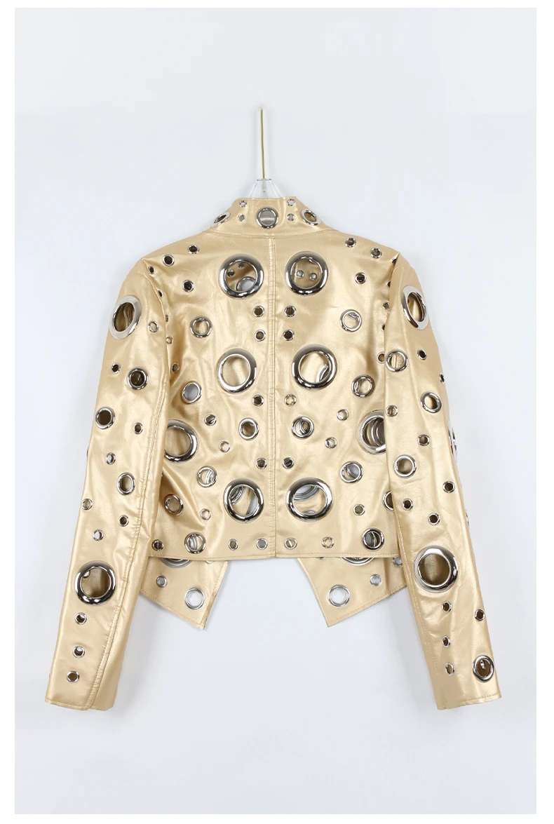 Nerazzurri Spring Autumn Short Hollow Out Pu Leather Jacket Women Rivet Cool Stylish Luxury Designer Clothes Runway Fashion 2024