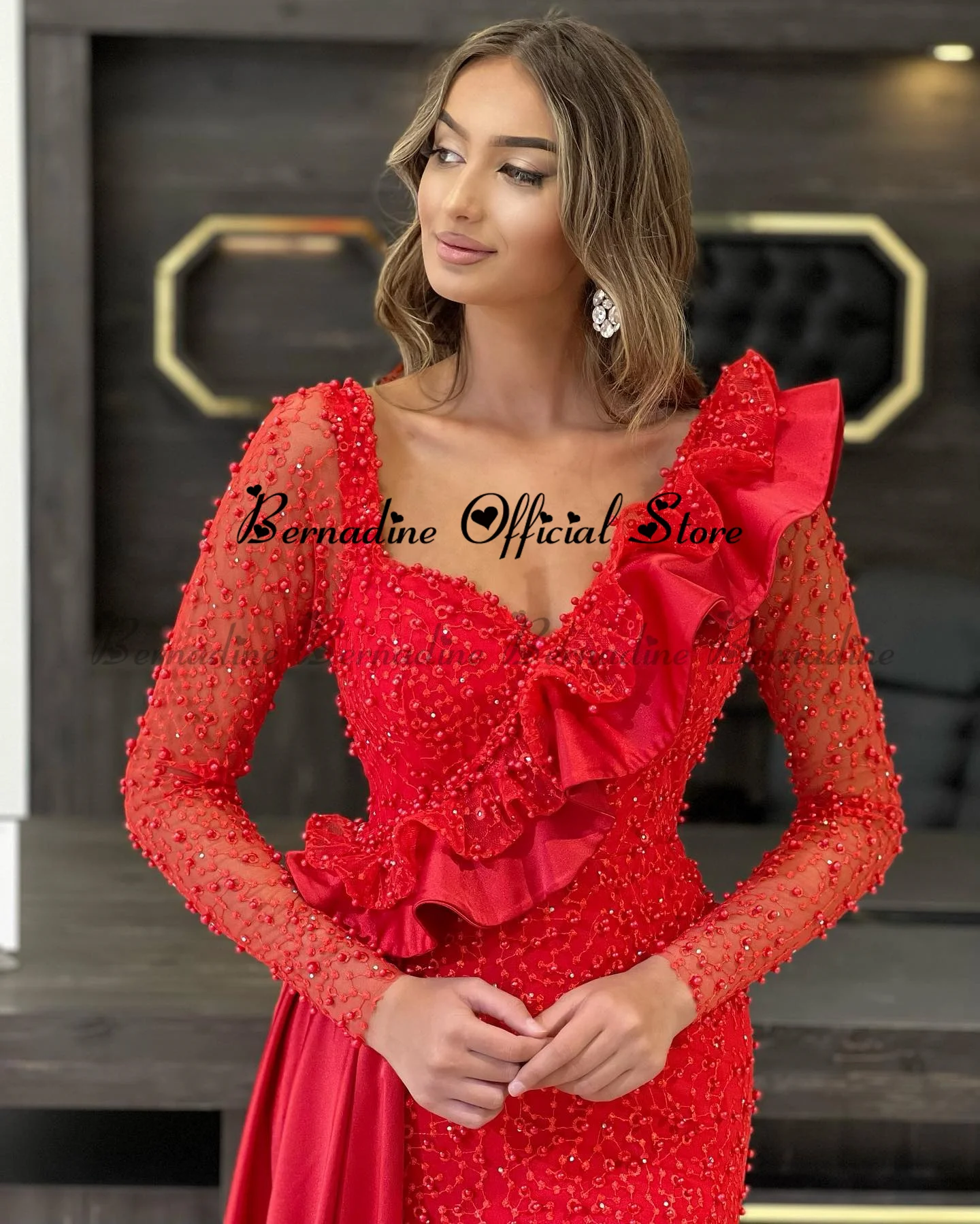 Bernadine Celebrity Dresses Modern Full Sleeves Prom Evening Dress Beadings Polka Dot V Neck Sweep Train Robes De Soirée 2024