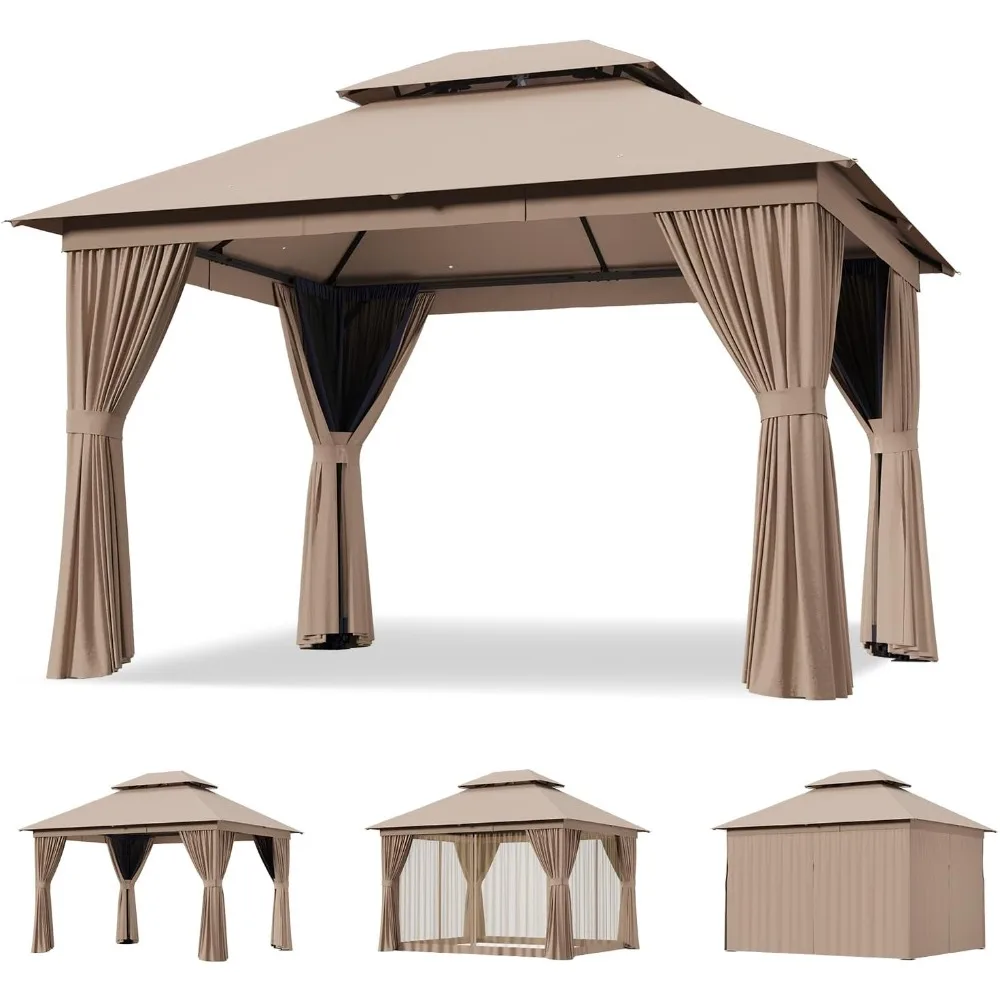12x10 Outdoor Gazebo with Curtain and Mosquito Netting Beige