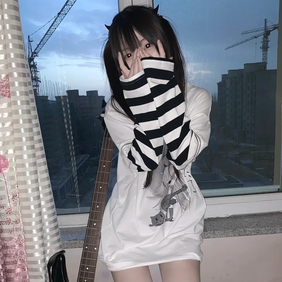 New Fashion Long Sleeve T Shirt for Women Girl Japanese Harajuku Streetwear Emo Alt Egirl Striped Tshirt Tops Clothing