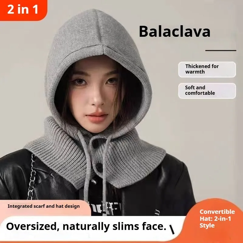 1/2/3PCS Winter Windproof Balaclava Hat Korean Adjustable Drawstring Knitted Hooded Scarf Autumn Warm Outdoor Hiking Headwear