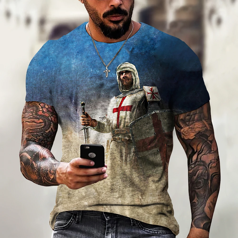 

Летняя винтажная мужская футболка с 3D принтом рыцаря, топы с короткими рукавами, мужской повседневный свитшот с круглым вырезом, дешевая уличная мужская одежда, футболки
