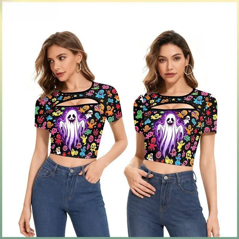 

Halloween Party Cosplay Women's T-shirt Crop Top European Style Loose Fit Polyester Fiber Short Sleeve round Neck Print