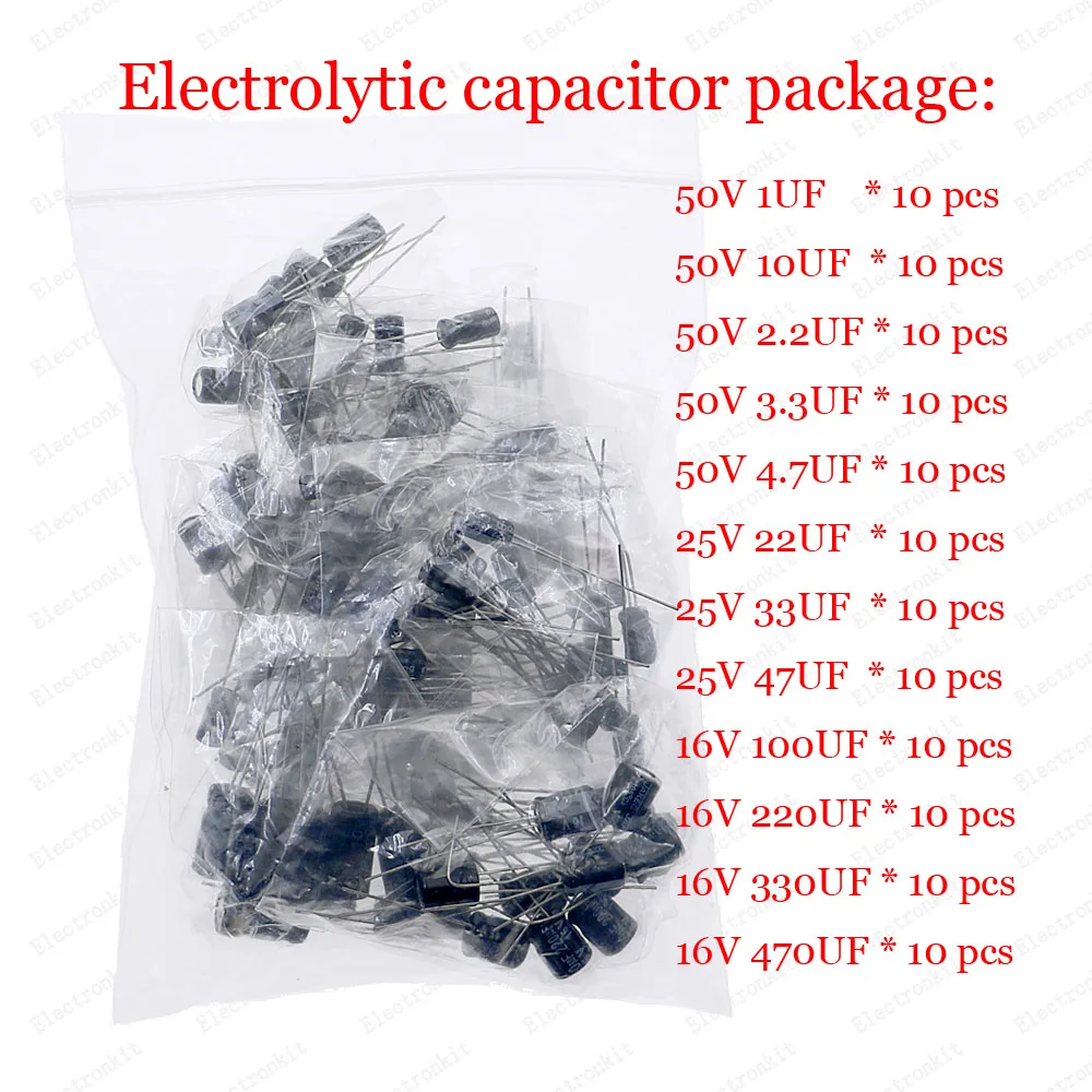 120pcs 12value *10pcs 1uF ~ 470uF Capacitors set Kit Electrolytic Capacitor pack 16V 25V 50V 1UF 2.2UF 3.3UF 4.7UF 10UF 22UF