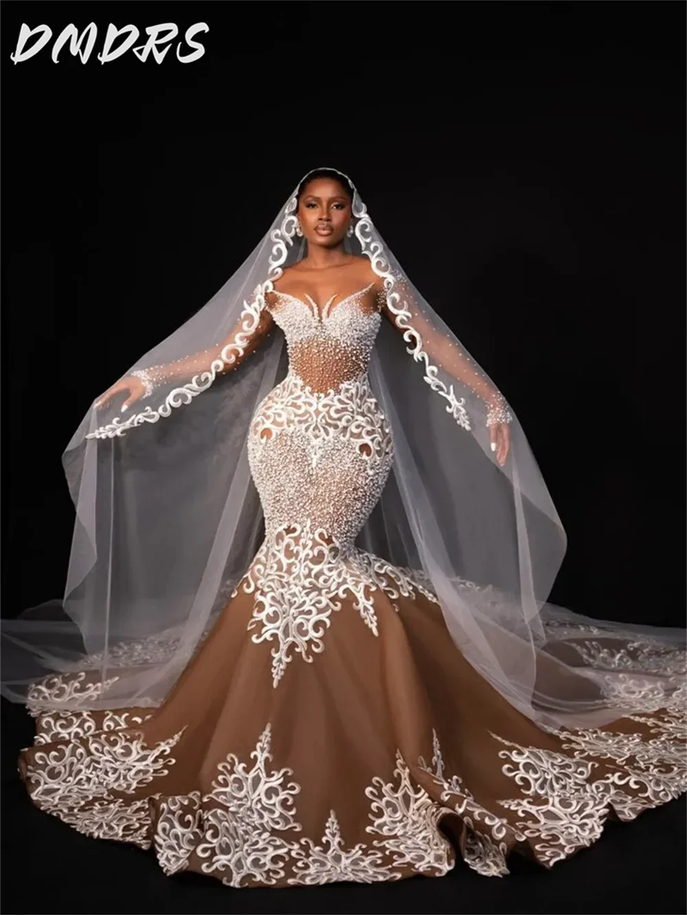 Luxurious Mermaid Wedding Dress 2025 Classic Beaded Bridal Gown Formal Long Sleeve Ball Gown For Saudi Arabia Dress Customized