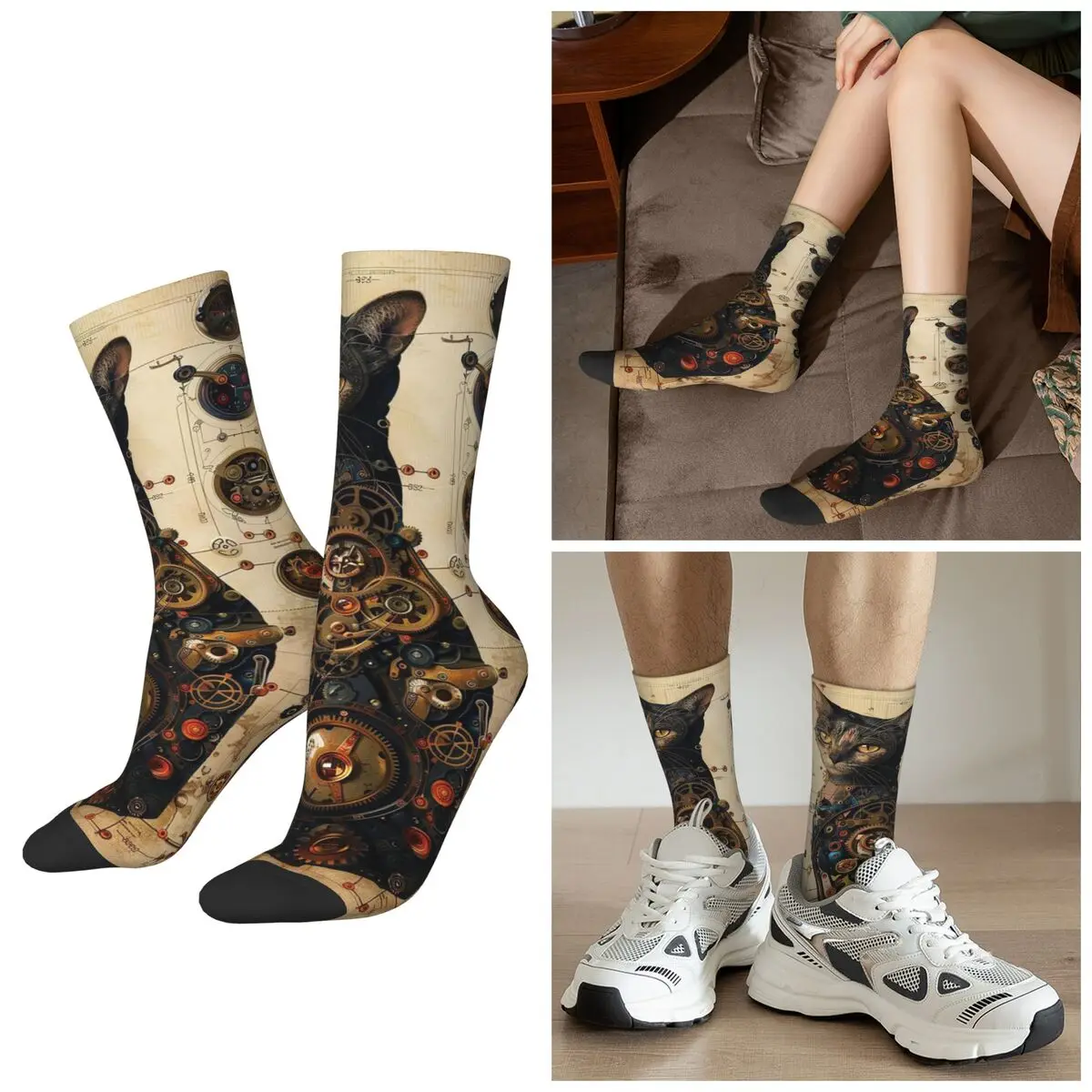 

All Seasons Steampunk Style Metal Cat Socks Harajuku Sport Middle Tube Socks Hip Hop Stockings for Men Women Gifts